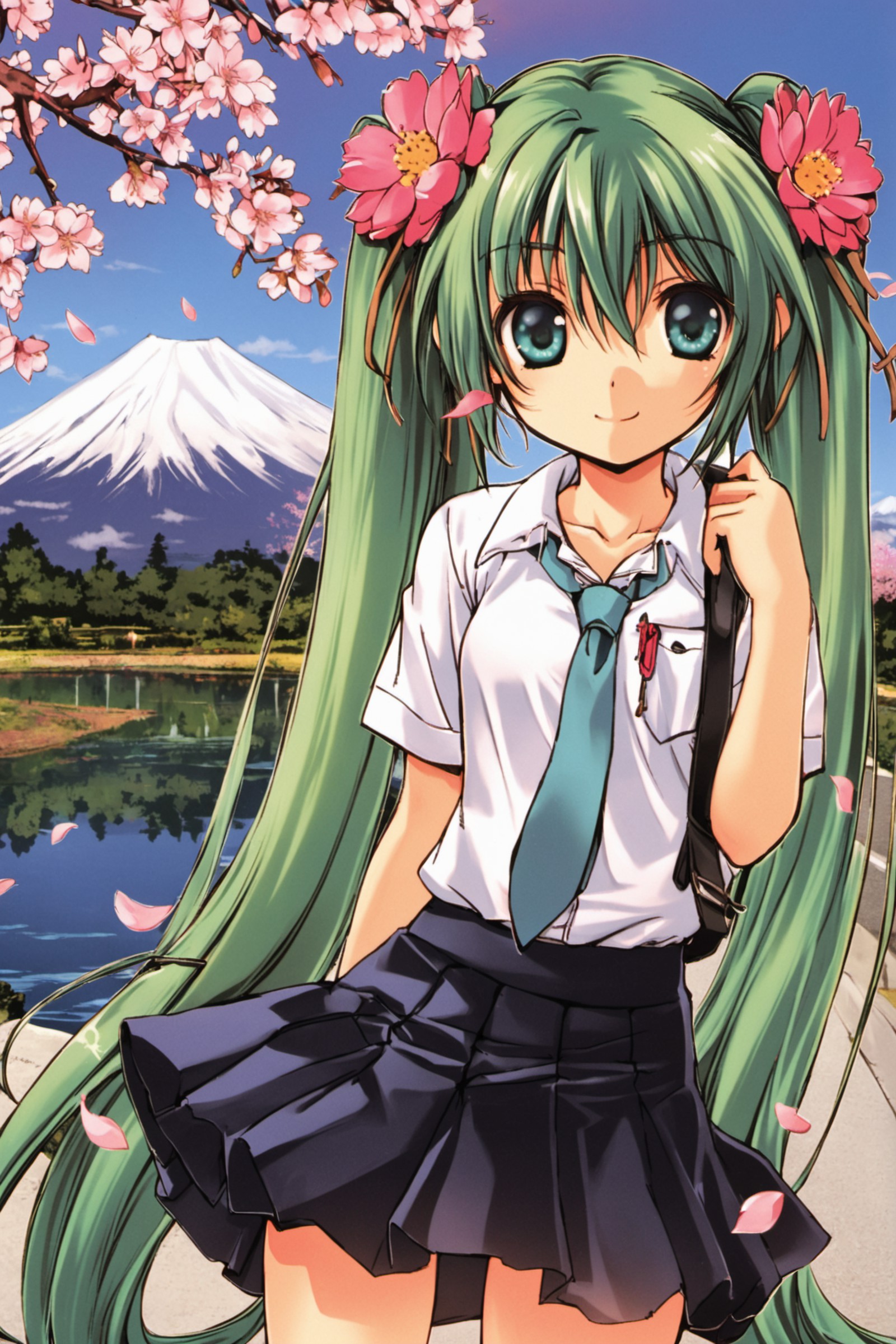 1girl,hatsune miku,solo,long hair,cherry blossoms,skirt,twintails,smile,bag,shirt,hair ornament,necktie,looking at viewer,...
